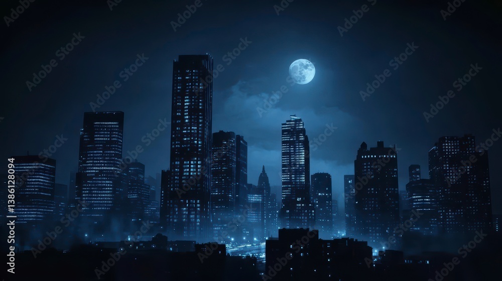 Night cityscape with skyscrapers illuminated under a large full moon. Night cityscape with skyscrapers illuminated under a large full moon.
