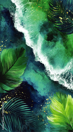 Tropical Beach Ocean Waves with Palm Leaves Vector Illustration Vivid Green and Blue Abstract Watercolor Style Summer Paradise Background Idea for Vacation Travel Art