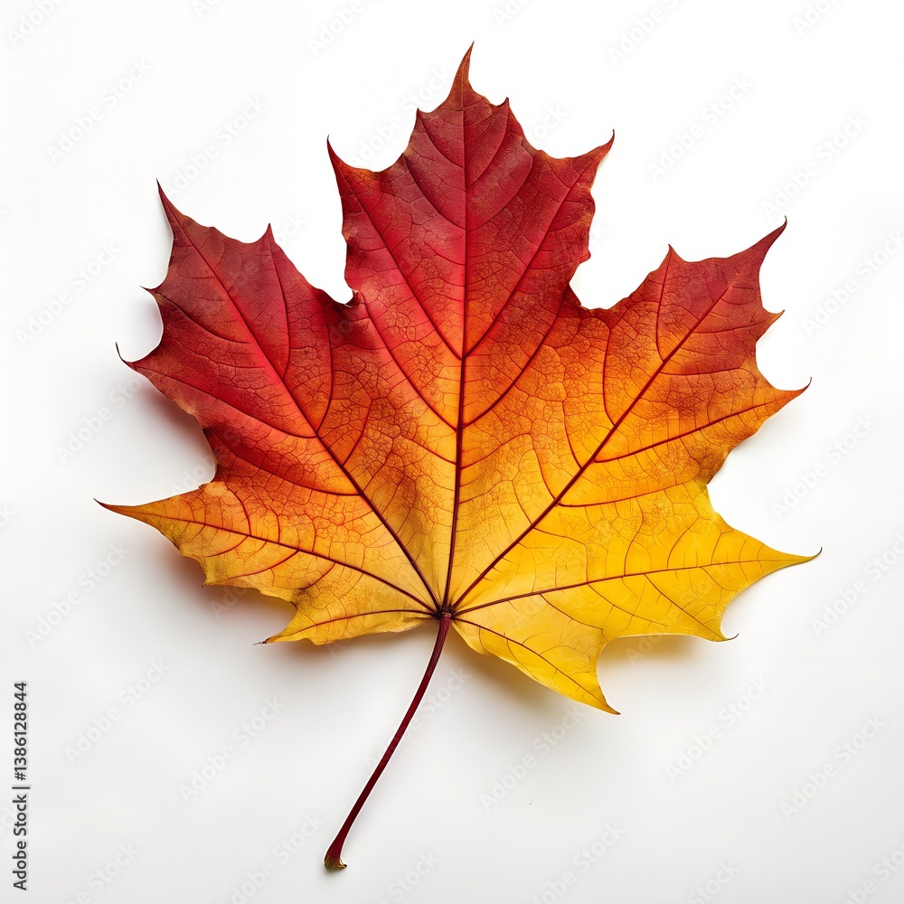 Fototapeta premium Colorful autumn maple leaf in red, orange, and gold isolated on white background