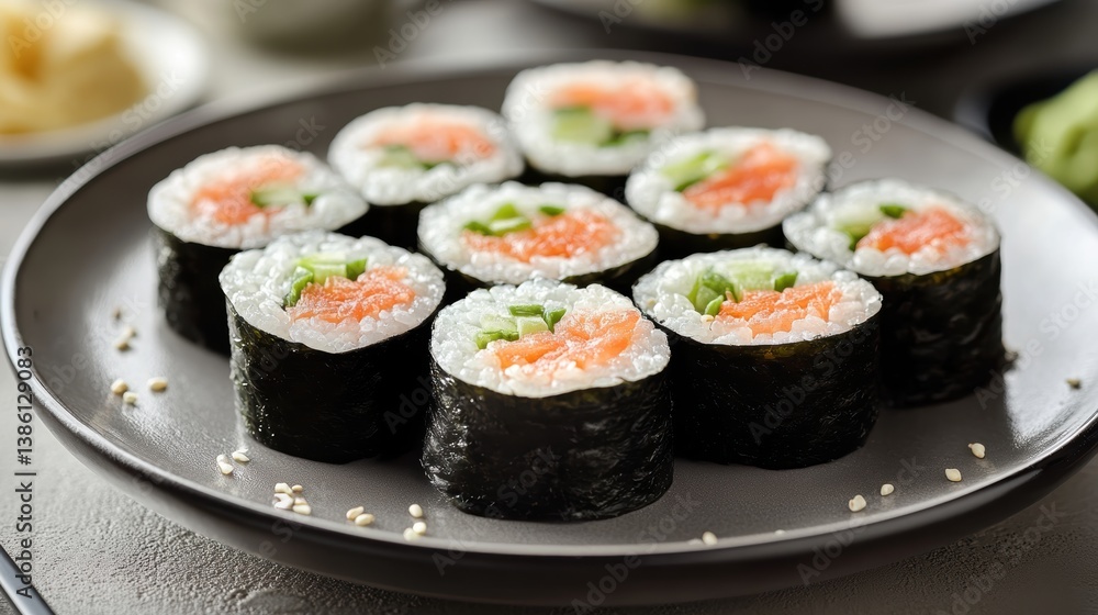 A beautifully plated dish of fresh sushi rolls with wasabi and ginger on the side A beautifully plated dish of fresh sushi rolls with wasabi and ginger on the side