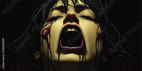 Dark Gothic Vampire Woman Vector Art with Blood Dripping from Mouth and Eyes Illustration Horror Fantasy Haunting Emotional Thriller Halloween Scary Artwork Concept