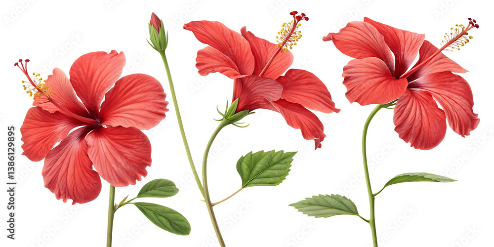 set of red hibiscus flowers isolated on white background, PNG set of red hibiscus flowers isolated on white background, PNG