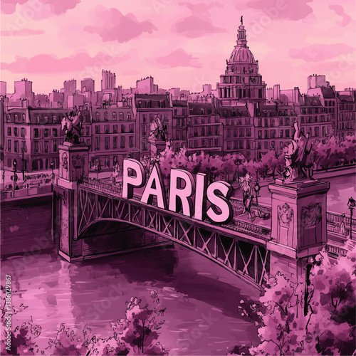 Stunning Vector Illustration of Paris Cityscape Featuring Historic Bridge River Seine Elegant Architecture Under Scenic Purple Pink Sunset Sky Perfect for Travel