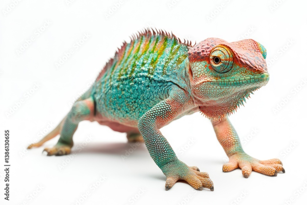 Colorful Chameleon Walking on White Background Close-up Still Life Studio Shot Colorful Chameleon Walking on White Background Close-up Still Life Studio Shot