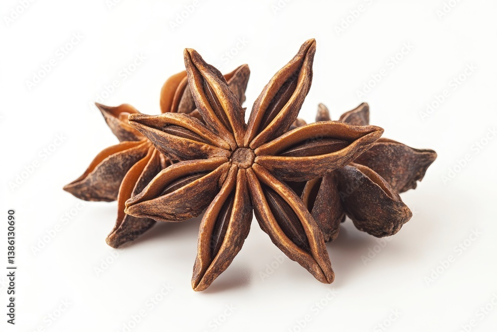 Close-up of Aromatic Star Anise Pods on White Background for Food Close-up of Aromatic Star Anise Pods on White Background for Food