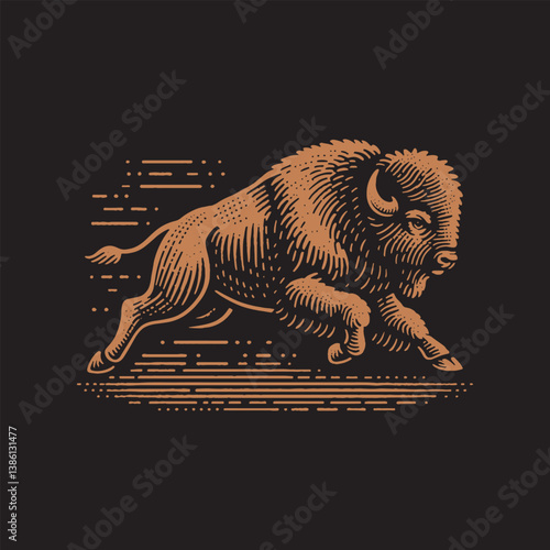 Bison Running Vector Illustration – Vintage Retro Logo Design on Black Background