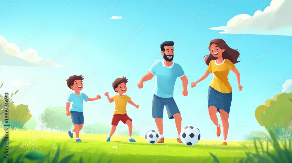 Fototapeta premium Parents and children joyfully playing soccer together in the park field