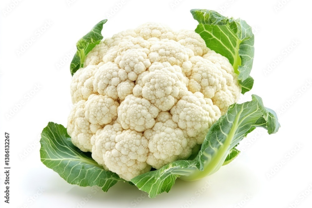 Isolated Fresh Cauliflower Head with Green Leaves on White Background Isolated Fresh Cauliflower Head with Green Leaves on White Background