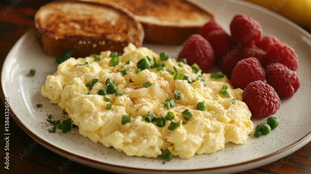 A delicious breakfast spread with scrambled eggs, toast, and fresh fruit on a white plate A delicious breakfast spread with scrambled eggs, toast, and fresh fruit on a white plate