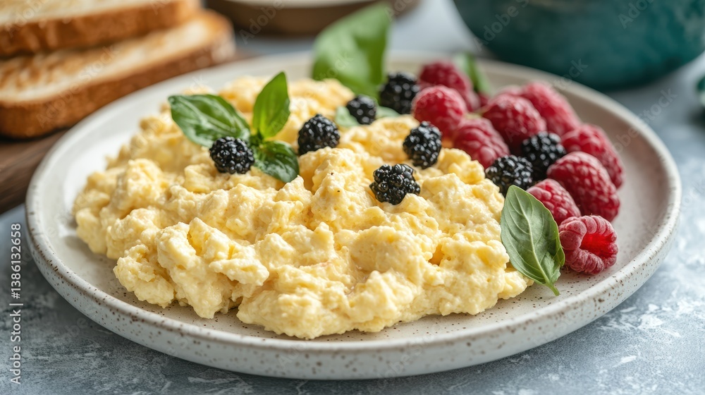 A delicious breakfast spread with scrambled eggs, toast, and fresh fruit on a white plate A delicious breakfast spread with scrambled eggs, toast, and fresh fruit on a white plate