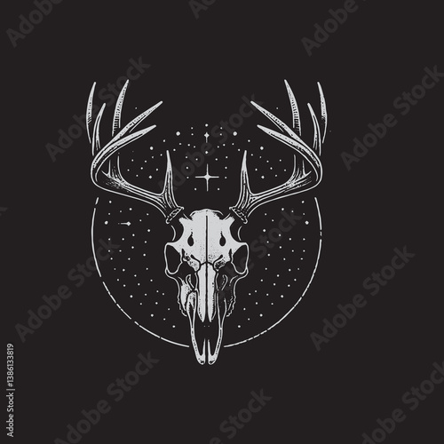 Mule Deer Skull Vector Illustration – Vintage Retro Logo Design on Black Background