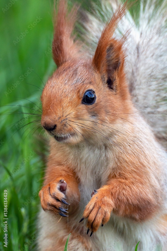 Obraz premium A close-up portrait of the head of a red squirrel molting in spring in a semi-profile, which looks at the camera with one eye friendly and curious.