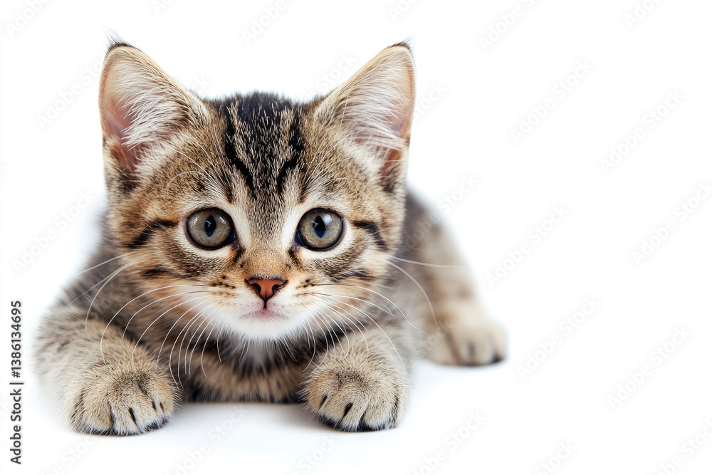 Obraz premium Cute Tabby Kitten Resting on White Background Looking at Camera