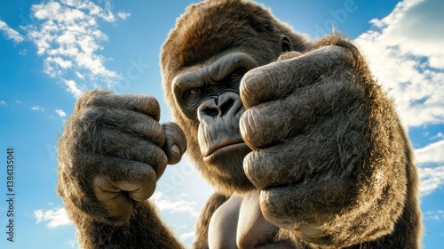 Mighty Primate with Raised Fists Under a Blue Sky Symbolizing Strength and Power in Nature photo