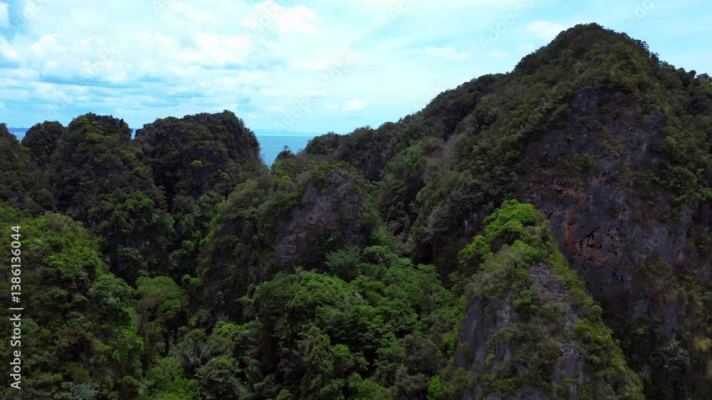 Railay beach cliff tropical jungle vegetation. Best aerial view flight drone Railay beach cliff tropical jungle vegetation. Best aerial view flight drone