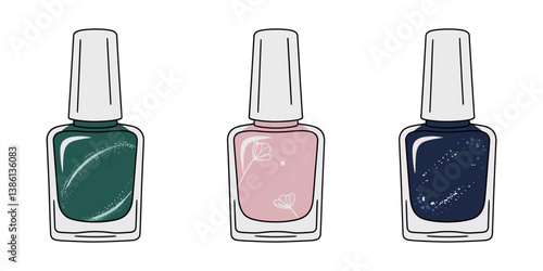 Black and white nail polish silhouette set, Colorful set of nail polish bottle. Vector illustration, nail polish line vector clip art isolated cosmetics, Set of bottles with nail polish. Minimal.