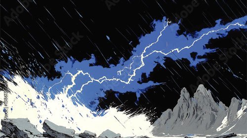 Dramatic Vector Illustration of Stormy Sky with Intense Lightning and Torrential Rain Over Rugged Rocky Mountains Perfect for Weather and Nature Conceptual Projects