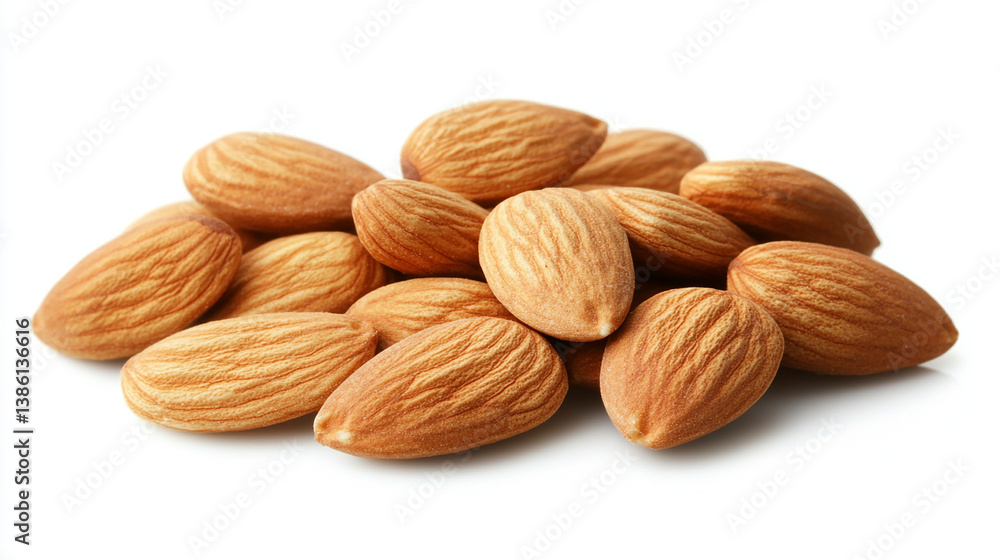 Handful of almonds arranged on a clean white surface Handful of almonds arranged on a clean white surface