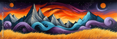 Stunning Fantasy Vector Illustration Featuring Majestic Mountains, Vibrant Orange and Purple Night Sky, Golden Grass Field, Swirling Abstract Clouds, and Celestial Moons