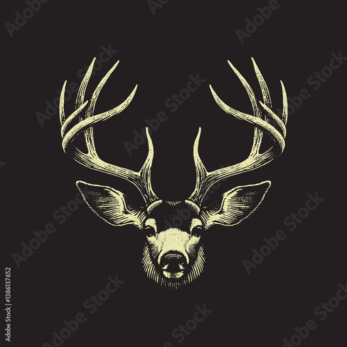 White-Tailed Deer Head Vector Illustration – Vintage Retro Logo Design on Black Background
