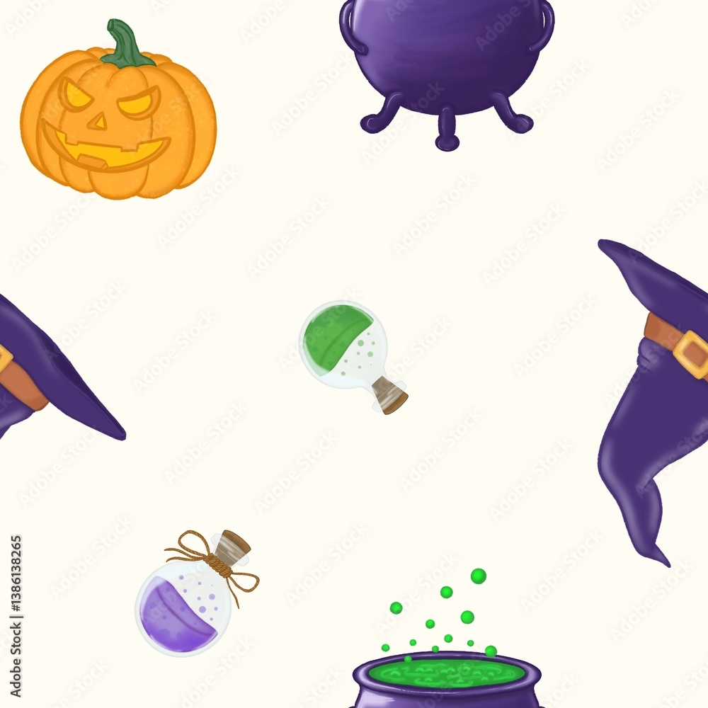 Fototapeta premium Seamless pattern of halloween elements on light background 