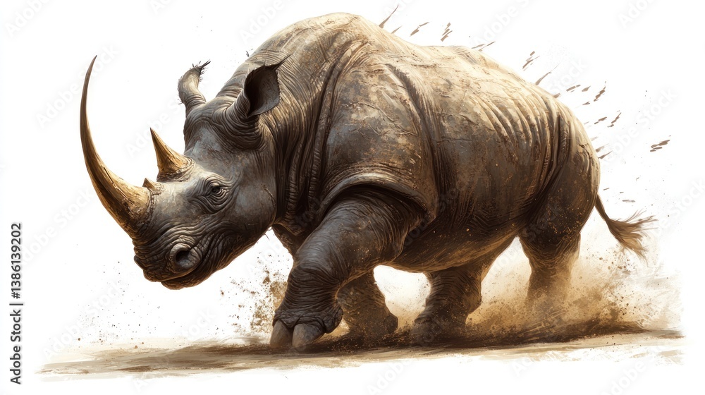 Fototapeta premium Powerful Horned Creature Charging Forward with Dust and Strength