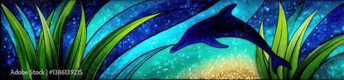 Enchanting Vector Illustration of Vibrant Dolphin Underwater Scene With Shimmering Blue Ocean Background Surrounded by Bright Green Aquatic Plants and Sparkling Effects