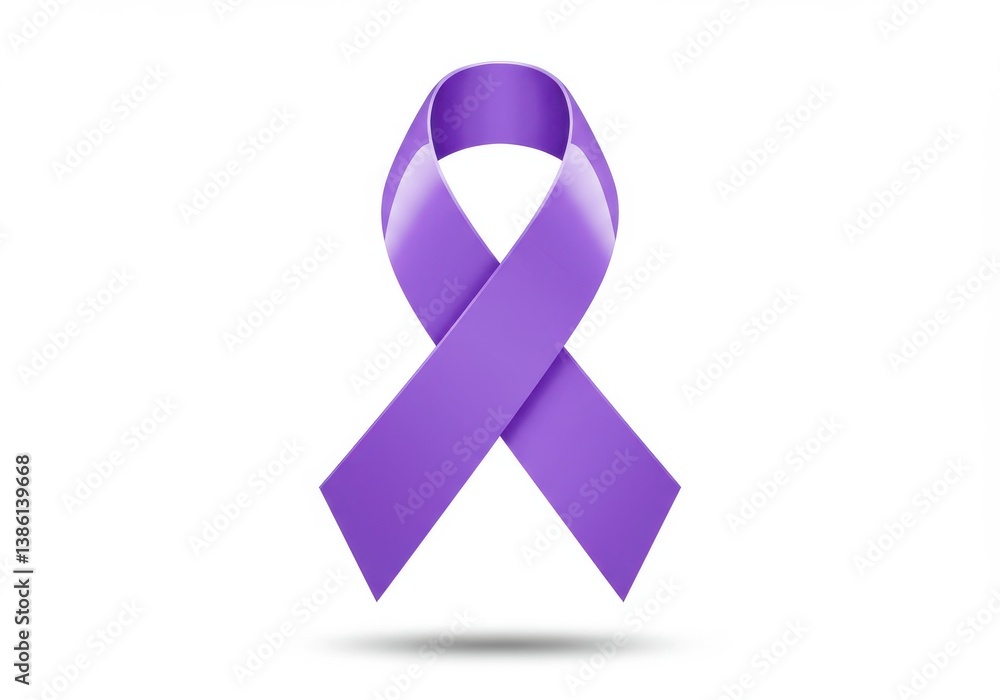 A single purple awareness ribbon standing upright on a white background casting a soft shadow below it A single purple awareness ribbon standing upright on a white background casting a soft shadow below it