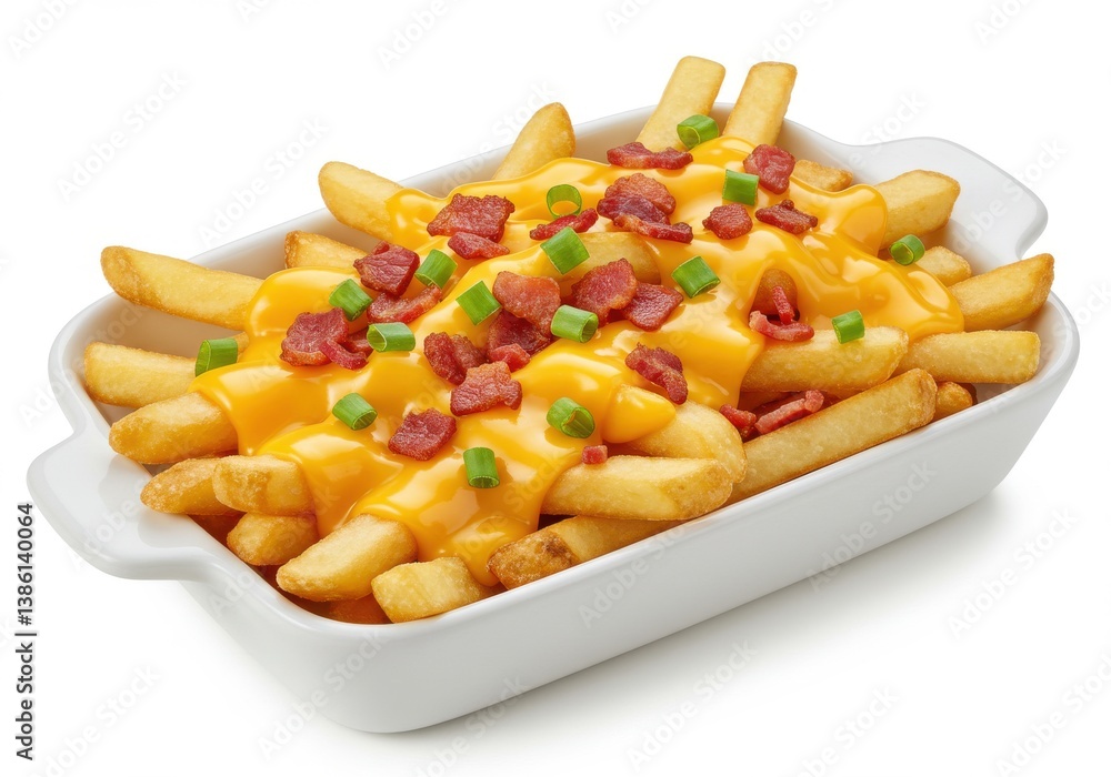 A serving of french fries topped with melted cheese bacon bits and green onion in a white dish A serving of french fries topped with melted cheese bacon bits and green onion in a white dish