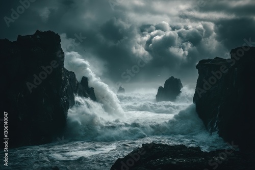 A stormy sea with waves crashing against cliffs