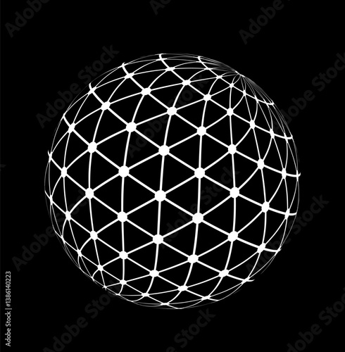 Geometric abstract sphere made of white connected lines and dots on a black background, symbolizing global network or digital communication. Vector illustration