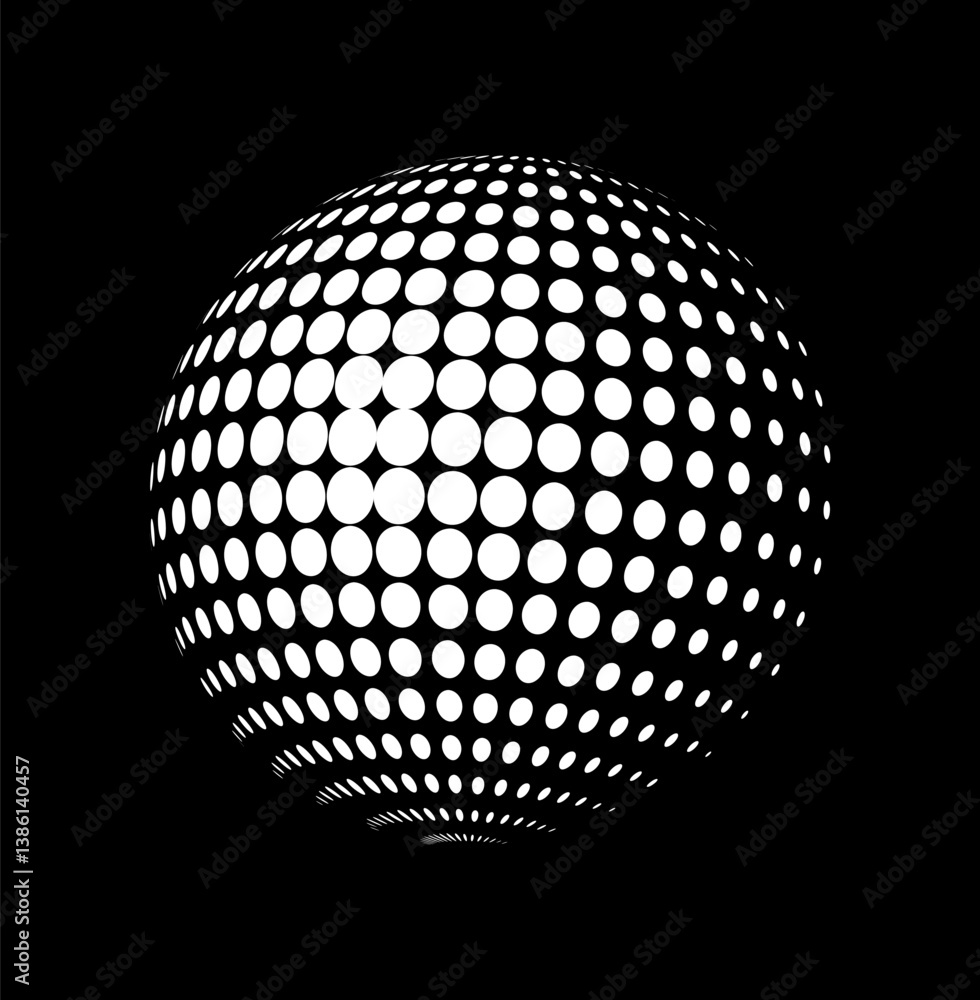 Optical illusion of a dotted sphere made of white circles on a black background, creating a 3D effect, representing digital depth and abstract form. Vector illustration Optical illusion of a dotted sphere made of white circles on a black background, creating a 3D effect, representing digital depth and abstract form. Vector illustration