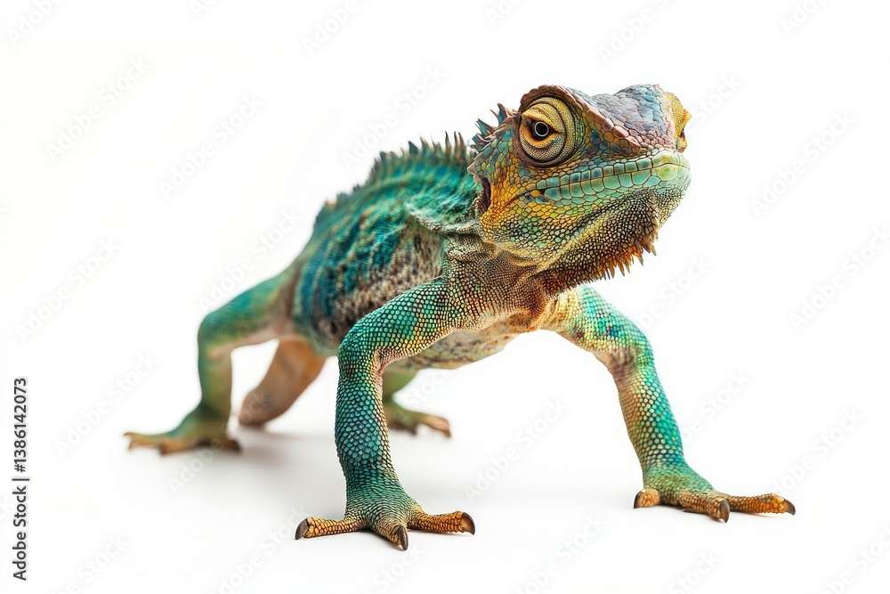 Naklejka premium Chameleon Standing and Looking Forward with Colorful Skin on a White Background