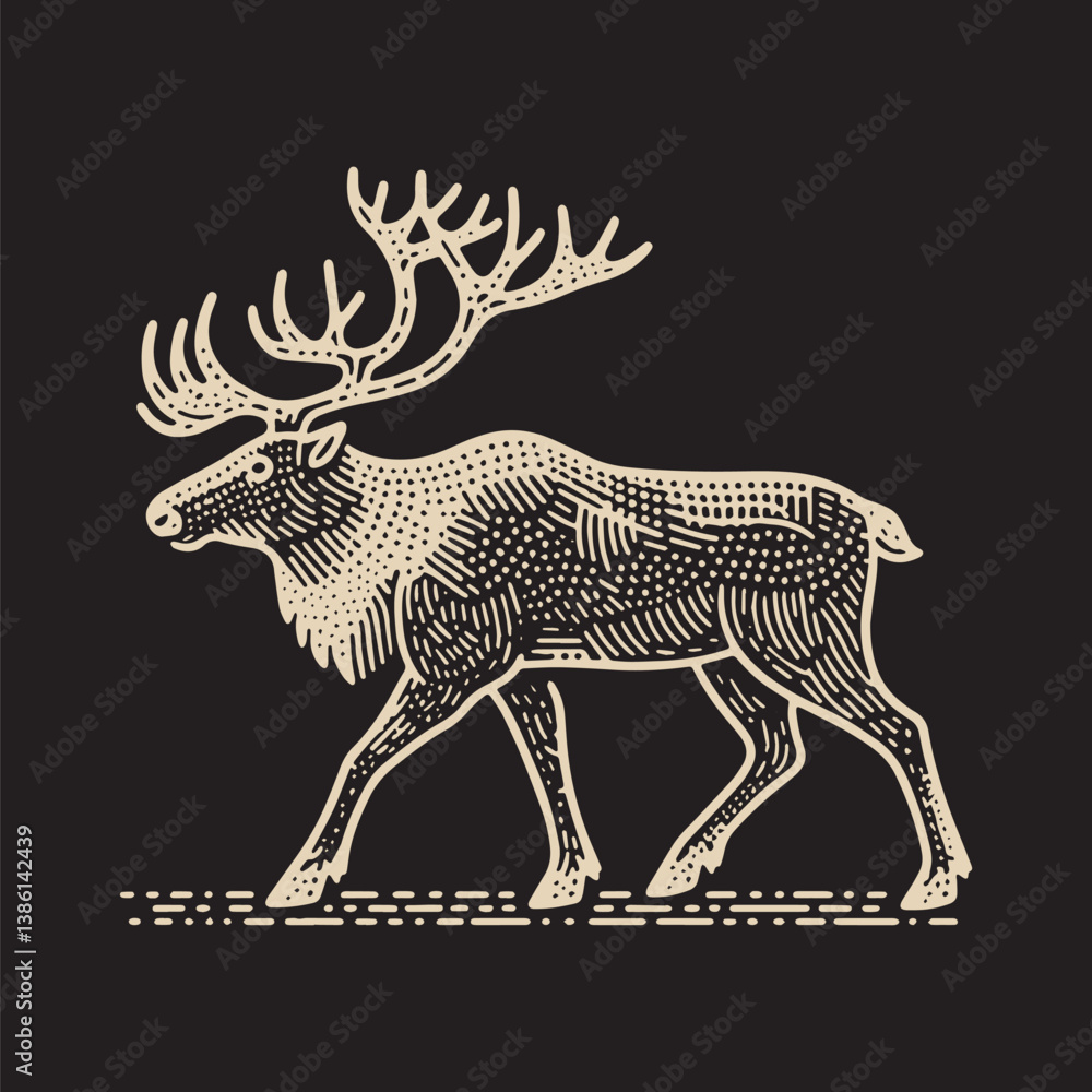 Fototapeta premium Stag Head Vector Illustration – Vintage Retro Logo Design on Black Background