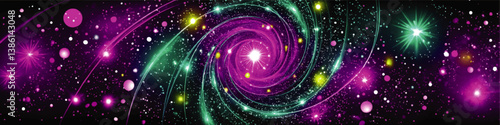 Mesmerizing Vector Illustration of Colorful Cosmic Galaxy Swirl with Purple Green and Yellow Stars and Spiral Nebula for Space Astronomy Abstract Background Designs