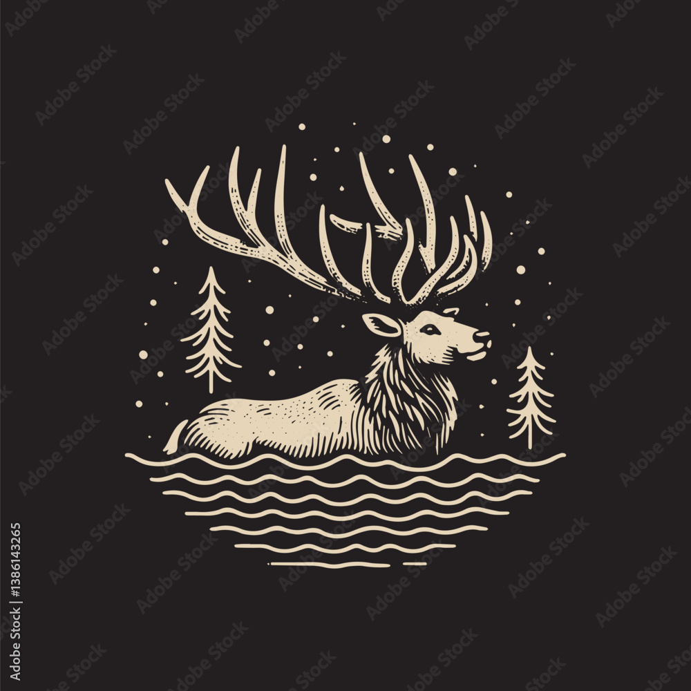 Fototapeta premium Caribou Swim Vector Illustration – Vintage Retro Logo Design on Black Background