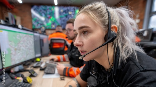call dispatcher emergency services speaking into their headset and with tracking maps on the screens  