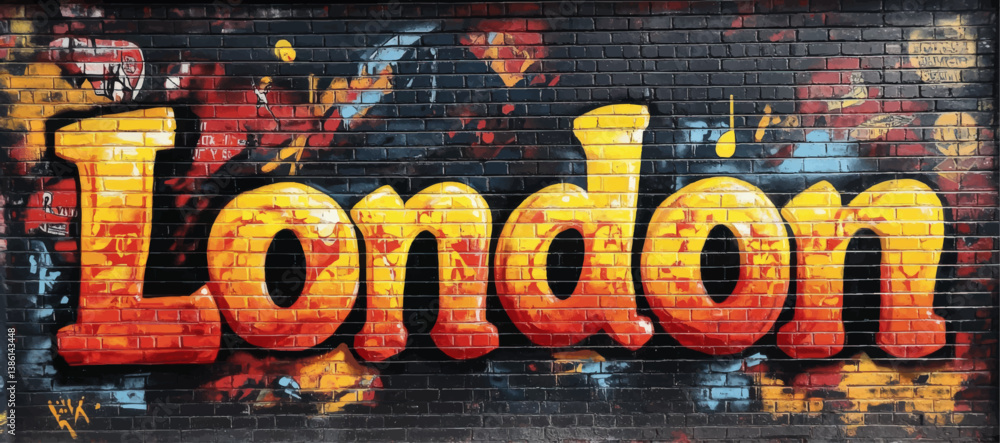 Vibrant London Street Art Graffiti Vector Image Colorful Urban Mural Yellow Orange Typography Brick Wall Background City Culture Creative Spray Paint Style Illustration