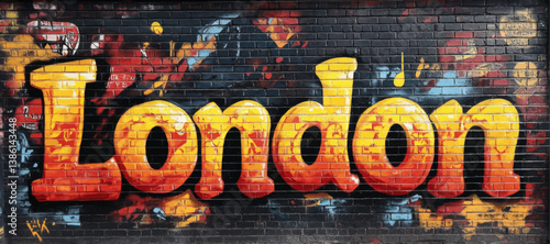 Obraz na płótnie Vibrant London Street Art Graffiti Vector Image Colorful Urban Mural Yellow Orange Typography Brick Wall Background City Culture Creative Spray Paint Style Illustration w salonie