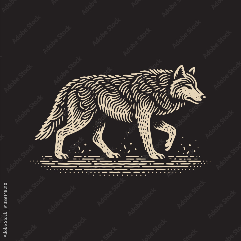 Naklejka premium Gray Wolf Vector Illustration – Vintage Retro Logo Design on Black Background