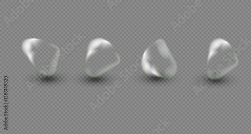 Water droplets scattered on a transparent background or smooth grey surface. Transparent drops and puddles of different sizes reflecting light .Realistic 3d vector banner with raindrops. PNG