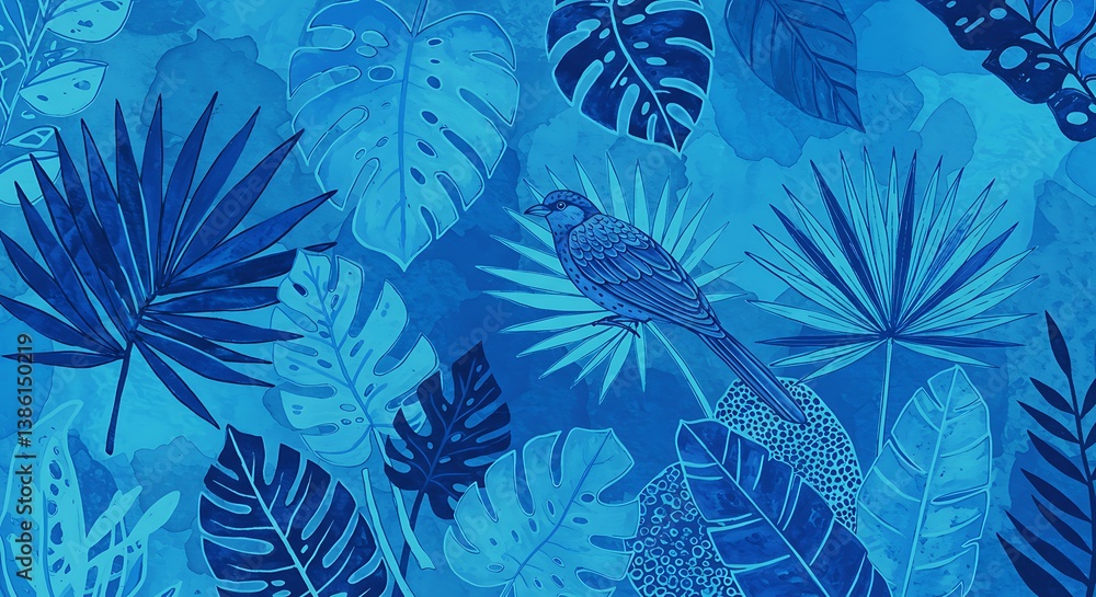 Fototapeta premium Serene Bluebird: Tropical Ink Wash Painting AI Generated