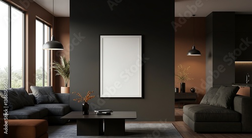 Fototapeta Naklejka Na Ścianę i Meble -  Modern Living Room Mockup: Dark Walls, Cozy Setting, 3D Render AI Generated