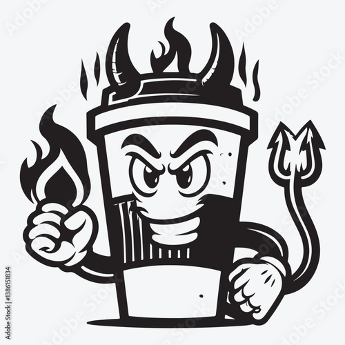 Devil coffee paper cup cartoon character vector illustration in black monochrome style on white background stock illustration