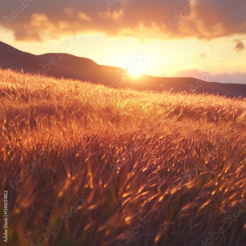 Golden Hour Glow: Sunlit Wheat Field at Sunset with Gentle Hills and a Warm, Radiant Sky
