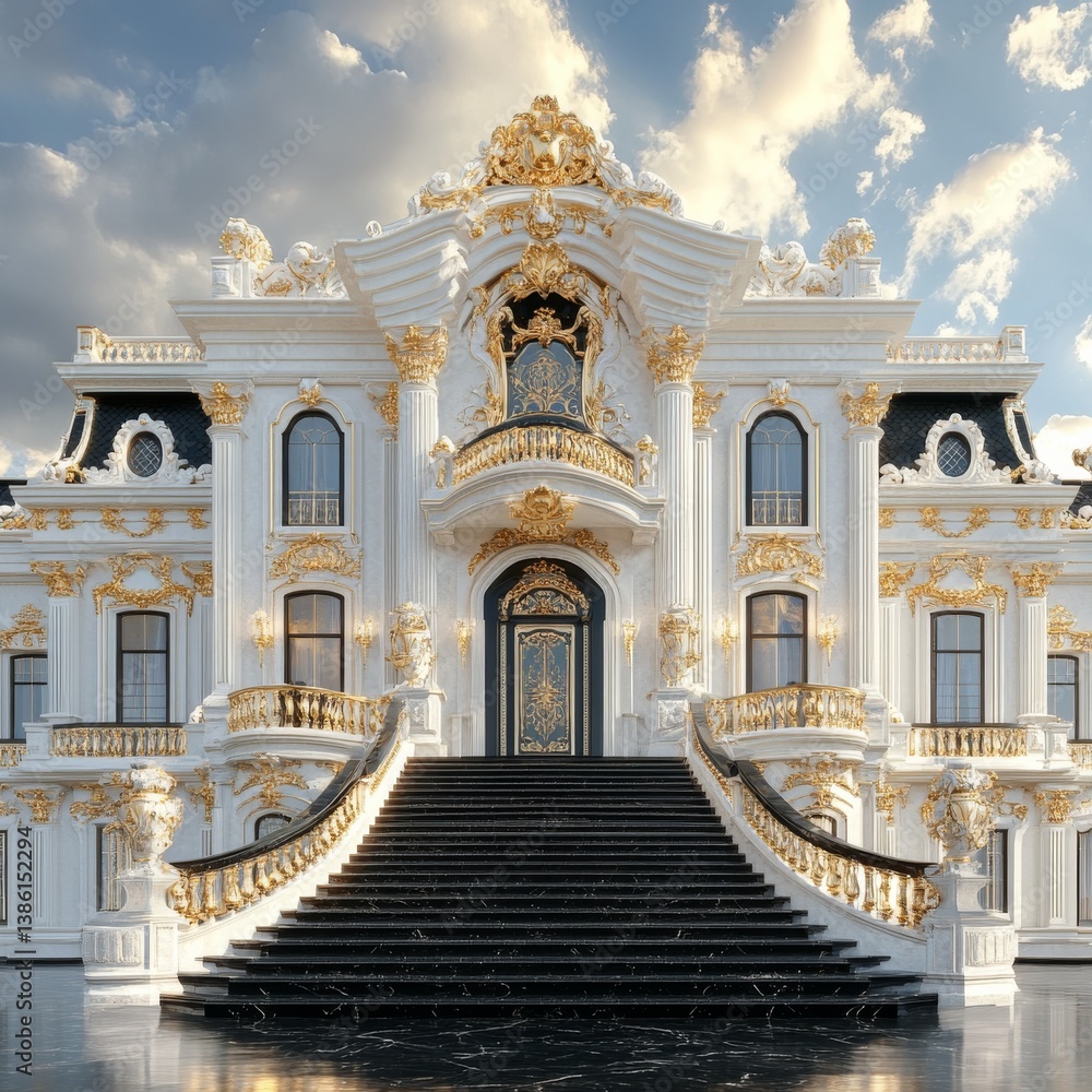 Fototapeta premium Grandeur and Opulence: An Exquisite Mansion Adorned with Gold and Marble Details Under a Cloudy Sky