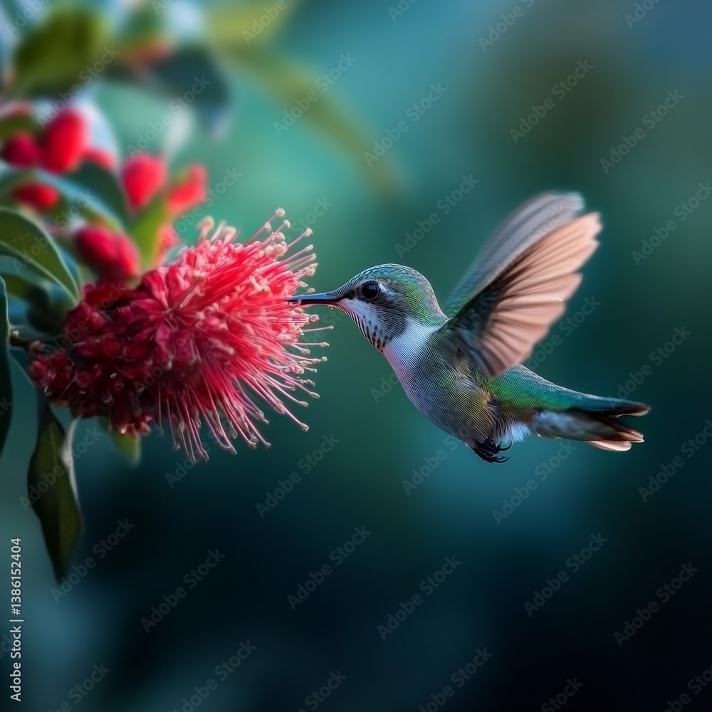 Naklejka premium Hummingbird's Delight: A Ruby-throated Hummingbird Feeds on Nectar from a Vibrant Red Bottlebrush Flower in the Sunlight.