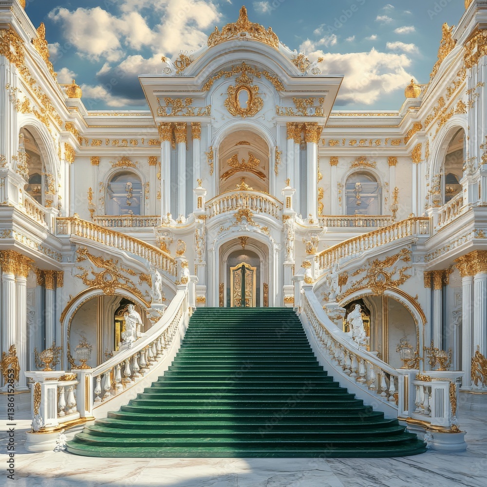 Fototapeta premium Opulent Grand Staircase of a Palace: A Vision in White and Gold, Leading to a Realm of Majesty and Architectural Splendor