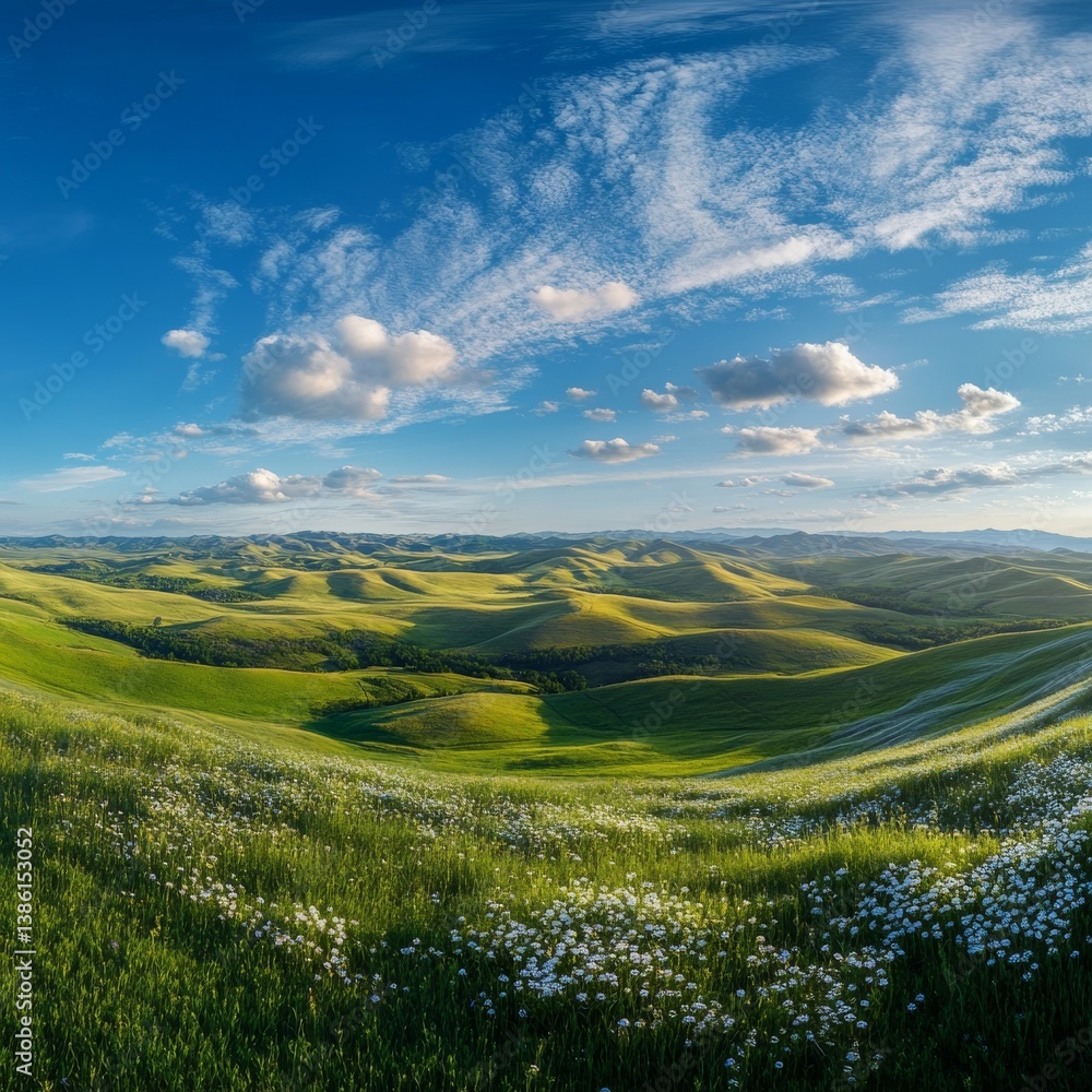 Obraz premium Rolling Green Hills under a Beautiful Blue Sky with White Clouds and Wildflowers in Tuscany, Italy on a Sunny Summer Day