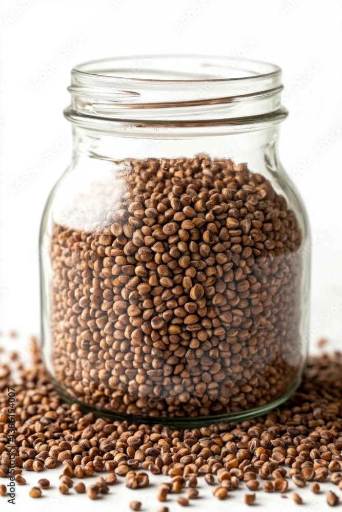 Jar filled with brown seeds on a white background showcasing natural texture and organic food ingredient in a clean studio shot Jar filled with brown seeds on a white background showcasing natural texture and organic food ingredient in a clean studio shot